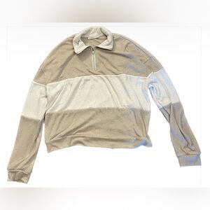 Double Zero Tan and Cream White Half Zip Teddy Sweater Sweatshirt, Size M